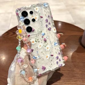 TEMU 보라색과 흰색 난초 패턴의 휴대폰 케이스, 삼성 S25 Ultra용, 또한 S24 FE, A36 투명, A56/ A16, A15 포함, S24/ S24 Ultra, A25/ A26, A54/ A55-5G, A13-4G 등 모델과 호환, 꽃 구슬 포함