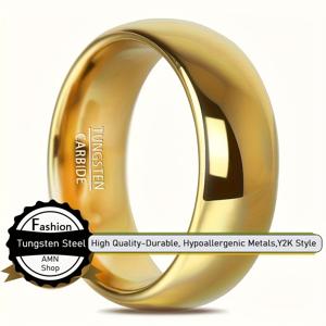 TEMU 1개 와이드 8mm 텅스텐 카바이드 웨딩 밴드 링 남녀공용 골든 돔 하이 폴리쉬 패션 18K 골드 도금 커플링 컴포트핏 5-13, 알레르기 없음, 완벽한 크리스마스 선물 주얼리