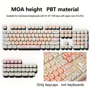 TEMU 132키 딸기 & 고양이 키캡 MX 스위치 호환 - PBT 기계식 키보드 키, 귀여운 카와이 걸 스타일, MOA 높이 구형 캡, (6.25U) - 게이밍, 오피스, 여성 선물용