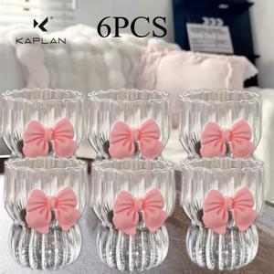 TEMU 카플란 6pcs 핑크 리본 머그 세트, 내열성 고강도 보로실리케이트 유리 커피컵, 아이스 라떼 & 밀크컵, 줄무늬 통통 머그컵, 아침식사, 차, 물용, 크리스마스, 추수감사절, 휴일 선물, 파티, 생일 선물에 이상적