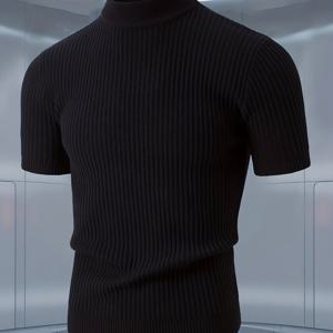 TEMU 남성용 세미-하이 넥 반팔 니트 스웨터, 봄, 가을, 겨울용, 단독 착용 또는 재킷과 함께 베이스 레이어로 착용 가능, 두껍고 부드러운 질감, 따뜻한 반팔 니트 스웨터, 입체적인 엠보싱 패턴의 헤비 크래프트맨십, 슬림핏 수직 디자인, 멋진 소프트 라이트 베이지-친화적인 세미-하이 넥, 매우 부드럽고 편안한 소재, 패셔너블하고 멋진 고품질 스타일