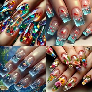 TEMU 96개 세트 네일 스티커 조합 꽃과 코이 물고기 네일 아트 스티커 탈착식 네일 중간 길이 사각형 인조 네일 간편 패션 아름다운 네일 스티커