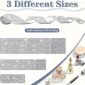 TEMU 새로운 스타일 3롤 대형 사이즈 [6열 + 10열 + 14열], 각 스트립 길이 19.69인치, 자가 접착 인조 리본, 공예, 휴대폰 및 자동차 장식용 반짝이는 스티커 롤, 주얼리 제작 재료