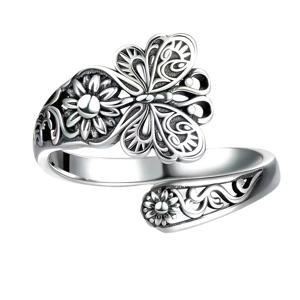 TEMU 빈티지 실버 오픈 링, 정교한 나비와 꽃무늬 주얼리, 여성용 우아한 구리 반지 - 파티, 캐주얼, 휴가, 데일리웨어, 주얼리 선물