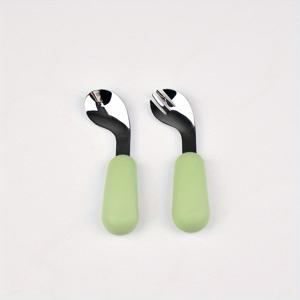 TEMU 어린이 베이비 푸드 포크&스푼 세트 - 식품용 실리콘 핸들&316 스테인리스 스틸 엘보우 스푼/포크, 0~6세 유아 자가 식사용 휴대용 식기, 크리스마스 할로윈 추수감사절 선물