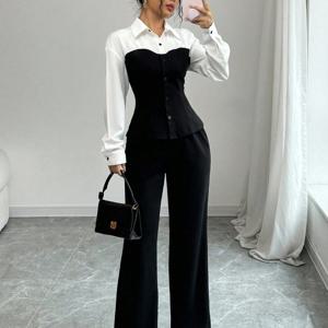 TEMU 2피스 세트: 슬림핏 블랙 & 화이트 대비 드레스, 여성 가을 의류