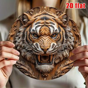 TEMU 2D 평면, 8X8인치 원형 벽걸이 액자 - 강력한 호랑이 머리 디자인, 빈티지 스타일 & 녹 방지 금속 간판 (20X20Cm), 가정, 욕실, 문 장식, 휴일 선물용, 가정 장식, 예술적인 장식, 튼튼한 구조, 장식 간판 & 액자