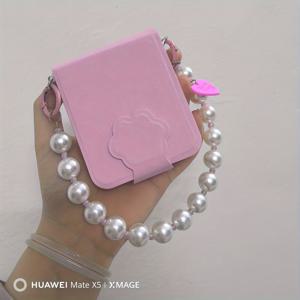 TEMU 휴대폰 케이스 - 삼성 갤럭시 Z Flip 7, Flip 6/5 및 화웨이 Pura X용으로 디자인된 한국 스타일의 귀여운 노트북 스타일 인조 가죽 휴대폰 케이스, 체인 디자인으로 전체 보호 제공