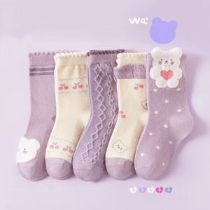 TEMU 5켤레 여아용 귀여운 토끼 미드-카프 양말, 봄 여름용 부드럽고 편안한 레그 삭스, 부드러운 색상 팔레트, 유아 및 여아 데일리 웨어에 적합