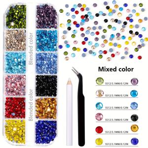 TEMU 1122개 - 옷 장식, 네일 아트, DIY 의류, 가방, 신발, 액세서리 및 기타 장식용 라인석에 적합한 핫픽스 평평한 바닥의 유리 라인석 12구획 박스 세트 (도구 증정품 포함)