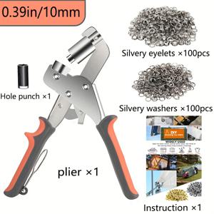 TEMU 필수 아일렛 펀치 키트 그ฆ메트 공구 키트 - 3/8인치 10mm(내경) 그ฆ메트, 가죽 캔버스 펀치 펜치 세트, DIY 타프, 인조 및 방수 원단 프로젝트용 공구 포함 아일렛 그ฆ메트 100세트(총 200개), 재봉 및 공예 필수품!