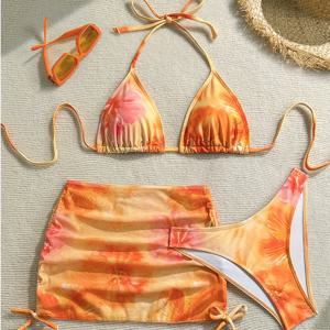 TEMU 여성용 3피스 플로럴 프린트 섹시 패션 커버업 비키니 세트, 높은 신축성 레이스업 디자인, 탈착식 패딩, 일반적인 하단, 부드러운 피부 친화적인 원단, 해변 또는 수영장 착용에 이상적, 스타일, 데일리 커버업