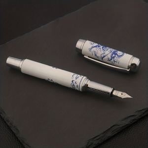 TEMU 중국 용 만년필 1개, 청화백자 스타일 흰색 금속 商务펜, 0.5mm 닙, 사무실, 학교, 사무용품, 학용품, 크리스마스 및 생일 선물용, 리필 잉크, 크리스마스 선물