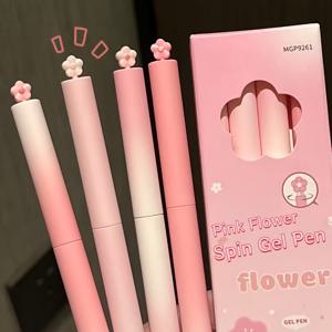 TEMU 핑크 꽃 스핀 젤펜 4개 세트, 마카롱 그라데이션 핑크 꽃 장식 귀여운 소녀스타일, 돌려서 전진하는 부드러운 필기감, 학생용 데일리 필기구 필수품 (일반 사이즈)