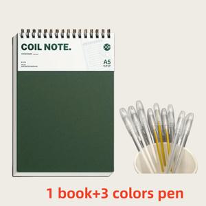 TEMU 4개/세트(노트 1개 + 펜 3개) A5 노트북 - 멀티 컬러 그리드 레트로 공부용 책, 양면 페이지, 80G 두꺼운 종이, 하드 커버 및 수채화 디자인 - 대학교, 사무실 또는 선물 교환용으로 적합