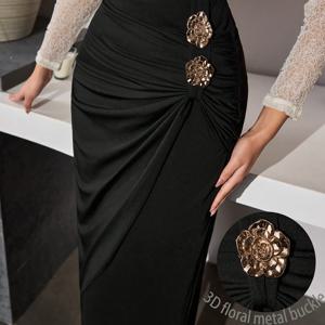 TEMU 2026년 봄 신상 우아한 특별한 장미 메탈 버클 장식 플리츠 하이웨스트 슬림핏 힙 랩 슬릿 디자인 여성 미디 스커트