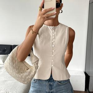 TEMU NS702 여성용 민소매 솔리드 컬러 버튼업 셔츠, 여름 캐주얼 스타일, 데일리 커뮤트, 휴가, 모임, 파티, 캐주얼 베스트 재킷