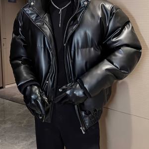 TEMU PU 재킷 남성용 블랙 숏 겨울 신상 스타일 코트 트렌디 코트 방한 패션 버튼 스타일 지퍼 재킷, 멀티 포켓 디자인, 겨울 일상복 및 특별한 날에 적합, 우아한 캐주얼 남성용 재킷 방한 코트
