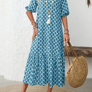 TEMU 여성용 맥시 드레스 퍼프 슬리브 브이넥 러플 밑단 루즈핏 흐르는 듯한 모로칸 기하학 프린트 여름 캐주얼 휴가 드레스