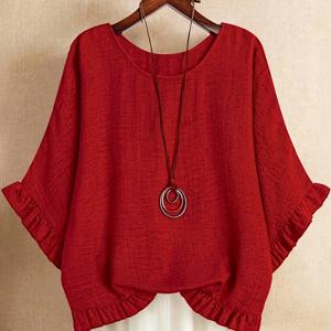 TEMU 플러스 사이즈 - 플러스 사이즈 - 플러스 사이즈 단색 여성용 배트윙 셔츠, 단색 라운드넥 퍼프 슬리브 러플 플런스 루즈핏 우아한 캐주얼 블라우스, 패셔너블하고 다재다능하며 데일리 주말룩으로 적합