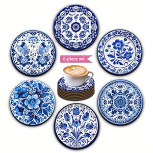 TEMU 클래식 프린트 라운드 나무 코스터 6pcs 세트, 블루 & 화이트 패턴 - 음료, 커피, 차에 적합 - 홈 & 레스토랑 장식 선물로 이상적, 크리스마스 & 추수감사절에 완벽, 2D 플랫 디자인, 2D 플랫