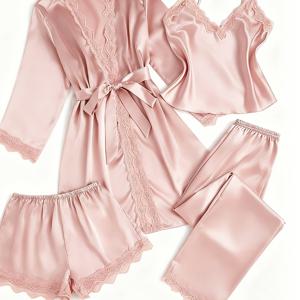 TEMU 레이스 패치워크 새틴 캐미솔, 반바지, 긴 바지, 로브 4종 세트
