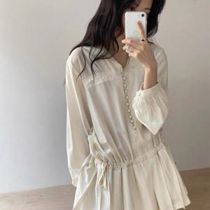 TEMU 봄, 여름, 가을 신상 스몰 프레쉬 주름 드로스트링 슬리밍 원피스