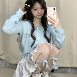 TEMU 여성 발레코어 리본 니트 가디건 라운드넥 스웨터 부드러운 촉감 여리여리한핏 데이트룩 러블리 페미닌 꾸안꾸 봄 신상 소라 블루
