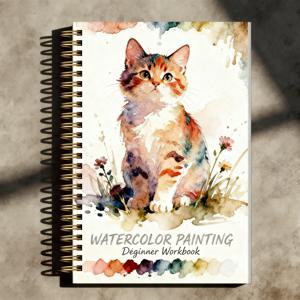 TEMU 16개의 일러스트가 있는 34페이지 동물 수채화 연습책, 귀여운 고양이 테마의 스파이럴 바인딩 수채화 스케치북, 초보자에게 적합한 수채화 용지, 고품질 용지로 제작된 편안하고 쉬운 수채화 컬러링북