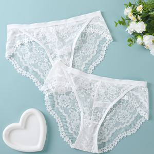 TEMU 여성용 우아한 화이트 시스루 레이스 속옷 2pcs - 미드라이즈 브리프 라인 & 레이스 패널, 부드럽고 편안한 란제리, 캐주얼 복장 또는 특별한 날에 적합