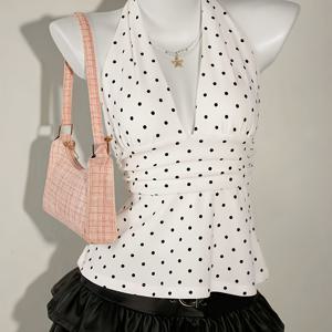 TEMU 여성용 로우넥 플리츠 홀터넥 리본 등 오픈 폴카도트 탱크탑