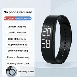 TEMU 경량 사각형 다기능 신형 LED 시계, USB 충전, 시간/날짜, 진동 알람, 만보계, 스톱워치, 칼로리 계산기, 거리 측정기, 야광 디스플레이, 야외 스포츠 및 사이클링용, 남성 및 여성용 - 시계 구성품 3종: 시계 + 팔찌 + 정품 선물 상자