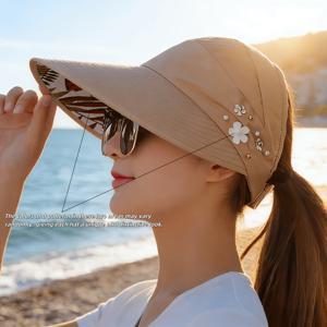 TEMU 여름 여름 여성용 넓은 챙 햇빛 가리개 모자 야외 그늘 모자 - 플로럴 라인스톤 장식 - 뒷머리 포니테일 구멍 디자인 머리카락 압박 없음 - 넓은 챙 전체 차단 - 가볍고 통기성 좋은 원단 땀 방지 - 야외 여행, 통근에 적합