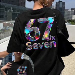 TEMU 여성 레터 프린트 티셔츠 67, Six Seven 블랙 반팔 라운드넥 캐주얼 탑, 중간 탄성 통기성 원단, 봄/여름 세탁기 사용 가능, 여름 착용에 적합, 편안한 스타일