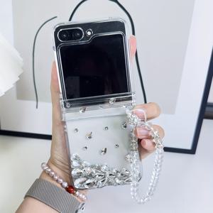 TEMU 폰 케이스: 새로운 수제 라인스톤 세트형 접이식 폰 케이스와 팔찌, 삼성 갤럭시 Z 플립 3/4/5/6/7 호환, 여성을 위한 고급형 충격 방지 폰 케이스, 샤오미 믹스 플립 호환