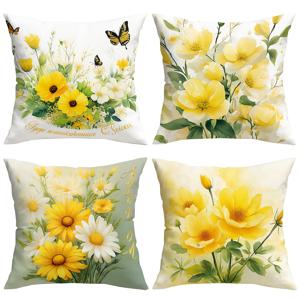 TEMU 나비, 초록 잎, 영어 텍스트 장식이 특징인 노란색 꽃무늬 베개 커버 4개 세트. 밝은 노란색, 연두색을 중심으로 한 색상 팔레트로 신선한 양면 프린트 베개 커버