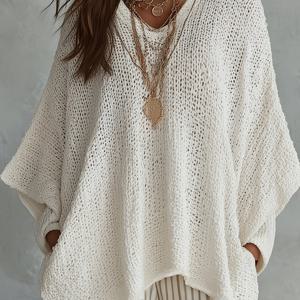 TEMU 브이넥 스웨터 - 뉴트럴 세미 시어 풀오버 탑, 가볍고 통기성 좋은 땀 흡수성 블라우스 스타일, 봄 여름 피크닉 의상에 적합, 기계 세탁 가능 캐주얼 스웨터