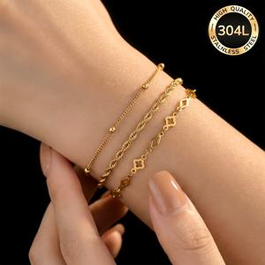 TEMU 304L 스테인리스 스틸 18k 골드 도금 여성용 팔찌 3개 세트, 정교한 여성용 스테인리스 스틸 주얼리, 스타일리시하고 우아한 디자인, 모든 계절에 적합. 일상 외출 및 파티에 매우 적합. 여름 해변복