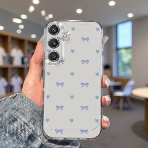 TEMU 휴대폰 케이스 - 삼성 S26/S25Plus/S24Fe/S23/S22/S21/S20, 갤럭시 A73/A72/A56/A55/A54/A53/A52/A51/A36/A31/A24/A22/A21S/A12/A10S/A32/A22/A02S/A05S 용 블루 보우 패턴의 새로운 투명 휴대폰 케이스, 패셔너블, 트렌디, 간편