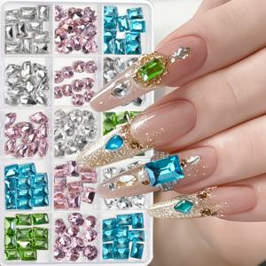 TEMU 90개 멀티 쉐입 컬러 네일 라인스톤 키트, 15개 그리드 플랫백 젬 (사각형, 하트, 눈물방울, 타원형), 핑크, 블루, 그린 및 클리어 색상, 네일 아트 및 네일 살롱용 3D 네일 아트 장식