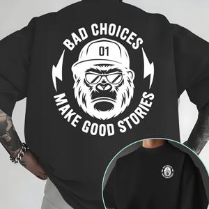 TEMU 남성용 쿨 고릴라 'Bad Choices, Good Stories' 스트리트 스타일 반팔 - 여름 반팔 라운드넥 티셔츠, 레귤러 핏, 캐주얼 웨어에 적합, 디자인, 편안한 원단, 기본 티셔츠, 스트리트 스타일