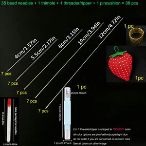 TEMU 초미세 비딩 바늘, 구부릴 수 있는 긴 손바느질 바늘, 주얼리 제작에 적합, 실꿰기 도구, 딸기 바늘 쿠션, 스트링 키트용 깔창 포함