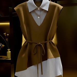 TEMU 여성용 브라운 칼라와 벨티드 허리가 있는 민소매 원피스 - 봄/여름 의상, 비치 파티, 운동, 비즈니스 복장에 적합한 조절식 신축성 벨트 - 캐주얼부터 출퇴근까지 활용 가능한 인조 2피스 원피스 (세탁기 사용 가능)