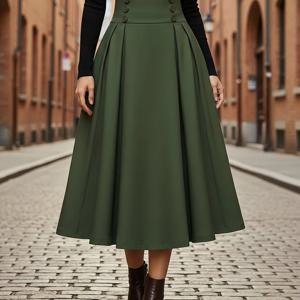TEMU 특별히 디자인된... 스타일리시하고 우아한. 사계절 내내 활용도 높고 편안한. 더블 브레스티드 포켓, 단색, 와이드 플레어 스커트