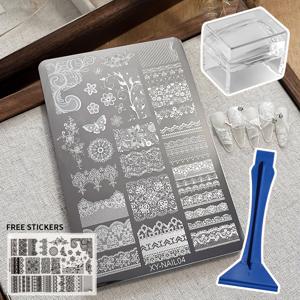 TEMU 스탬퍼 및 스크레이퍼 도구가 포함된 네일 아트 스탬핑 플레이트 3개 세트. 리본, 레이스 및 꽃 스탬핑 템플릿에 적합하며, 다용도 살롱 네일 디자인을 위한 필수 도구입니다.