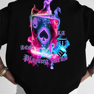 TEMU 남성용 오버사이즈 스트리트웨어 티셔츠, 불꽃 포커 카드 프린트 - 루즈핏 반팔 라운드넥 캐주얼 여름 티, 일상 출퇴근, 포커의 밤 & 캐주얼 복장에 적합, 기계 세탁 가능 포커 테마 의상