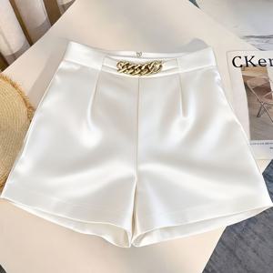 TEMU 여성 솔리드 컬러 샤이니 하이웨이스트 반바지 (로즈 골드 체인, 지퍼 새틴 캐주얼 반바지), 루즈핏 의류, 여성용 우아한 파티 복장, 여성용 패셔너블 반바지, 해변 바캉스, 여름 나들이, 야외 레저에 적합