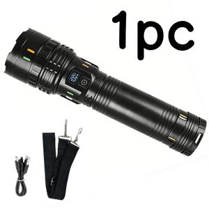 TEMU 블랙 고루멘 택티컬 손전등, 4가지 조명 모드, 3600mAh 배터리, IP44, 숄더 스트랩, 디지털 디스플레이 스크린, 텔레스코픽 빔 조절 포함. 어드벤처, 야외 활동, 낚시, 작업, 순찰, 가정용으로 적합