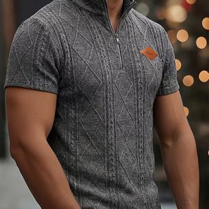 TEMU 남성 패션 캐주얼 탑, 봄/여름 아웃도어 텍스처 자카드 원단, 라운드넥 지퍼 반팔 패치워크 남성 니트 헨리 셔츠