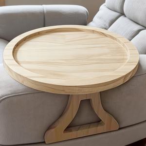 TEMU 원형 나무 트레이, 소파 팔걸이에 적합, 접이식 디자인, 침대에도 사용 가능. 팔걸이에 부착 가능한 다리, 티 세트 및 소형 가전 제품용 컵 홀더가 있는 사이드 테이블 기능을 제공합니다. (비식품 접촉)